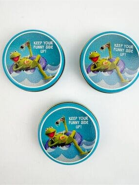 3 Kermit the Frog Hallmark Keep Funny Side Up Tin Container Round 2.5” 1980 New